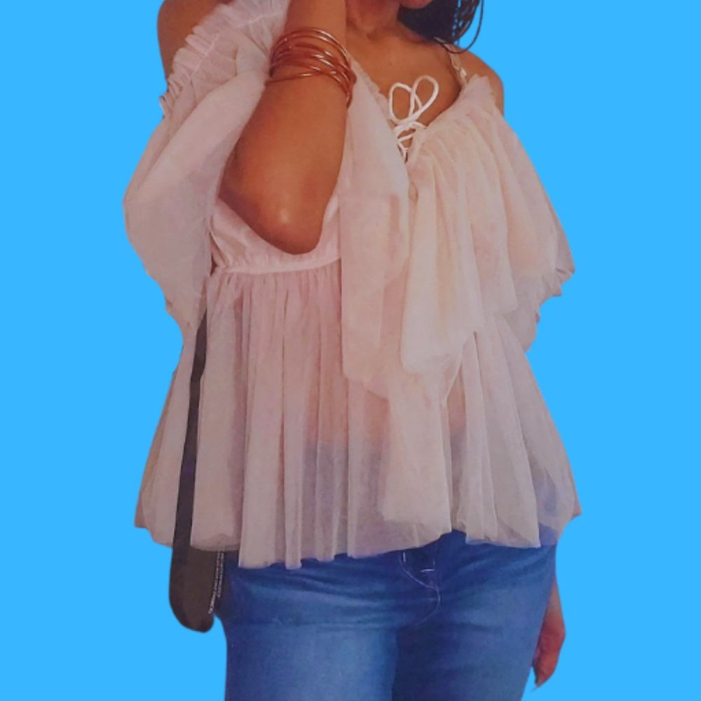 Nude Mesh Ruffle Blouse